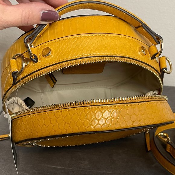INC International Concepts Yellow Leather Round Box Purse with Adjustable Strap - Picture 5 of 9